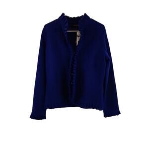 For Cynthia Dark Blue Wool Cardigan Sweater Button Closure Ruffled Size PL NWT